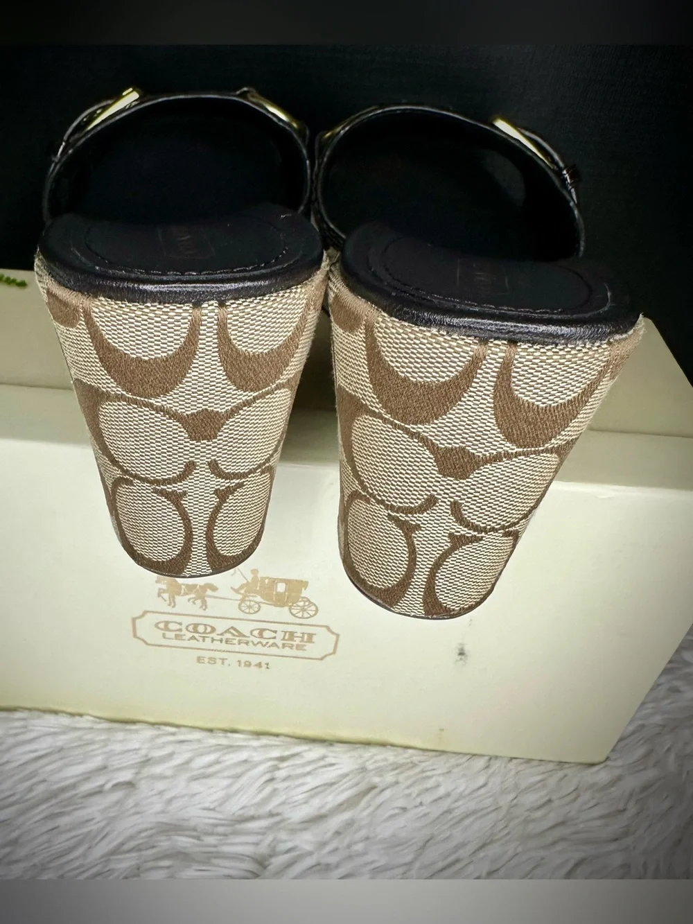 Coach Y2K Jewel Brown Brass Signature Buckle Wedge Sandal Slides Size 9.5 womens